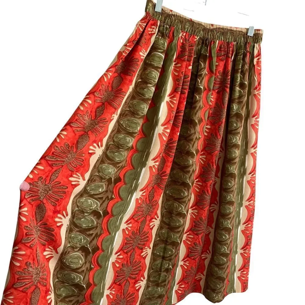 Nash Blouse Skirt Set Womens Large Coral Red Green Boho 90s Rayon Short Sleeve